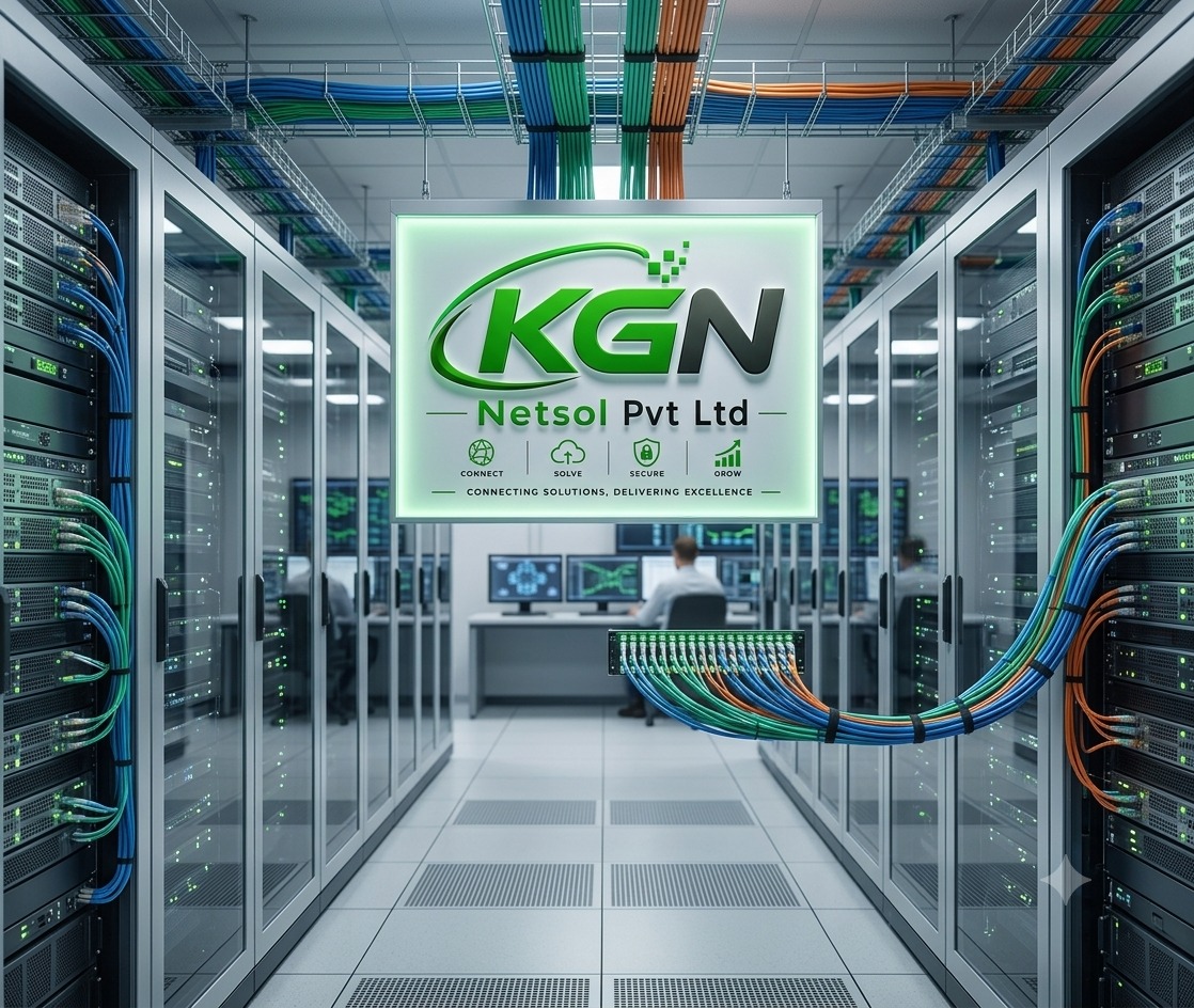 Inside the KGN Netsol network room — server racks and fiber cabling